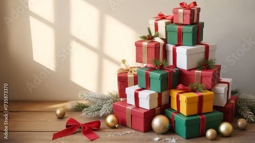 Christmas gift boxes stacked by window on wooden surface  