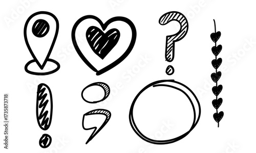 Hand-drawn doodle vector elements featuring location heart question speech punctuation symbols and