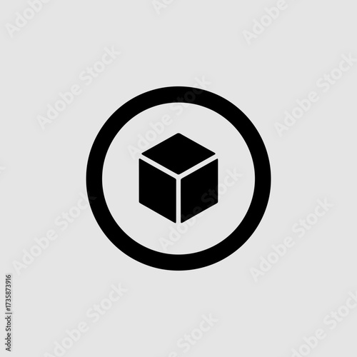 Minimalist black and white vector icon of a 3d cube inside a circle scalable illustration silhouette