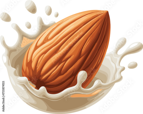 A Almond splash in milk, plant-based drink, dairy alternative, fresh liquid motion, healthy vegan beverage, white background, realistic