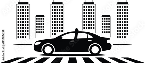 Taxi cab silhouette at crosswalk with city building scene illustration