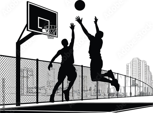 Basketball Players Silhouettes in Action on Urban Basketball Court Vector Graphic