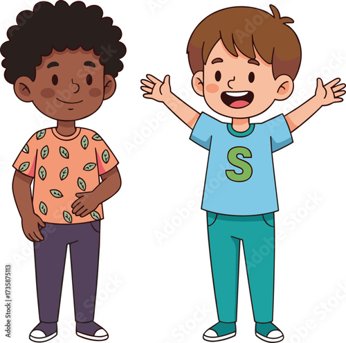 Cartoon children standing together with diverse expressions, colorful outfits, joyful pose, multicultural friendship, playful illustration for educational and creative use
