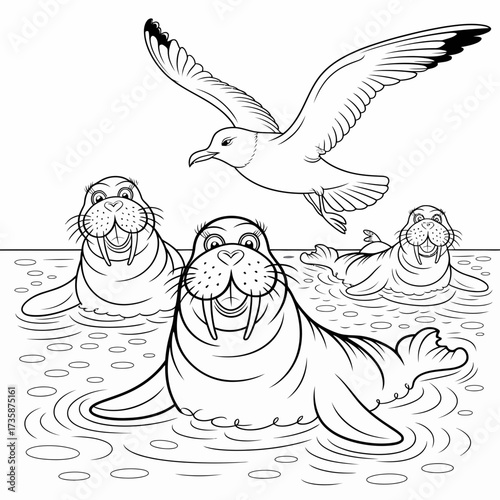 Delightful line drawing of happy walruses and seagull floating in water vector illustration scalable eps icon silhouette