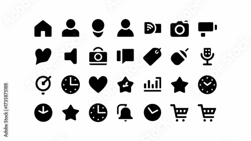 Collection of 200 basic black vector icons for diverse digital applications and user interfaces silhouette