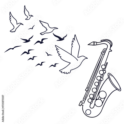 A flock of birds takes flight from a musical saxophone creating a sense of freedom and melody