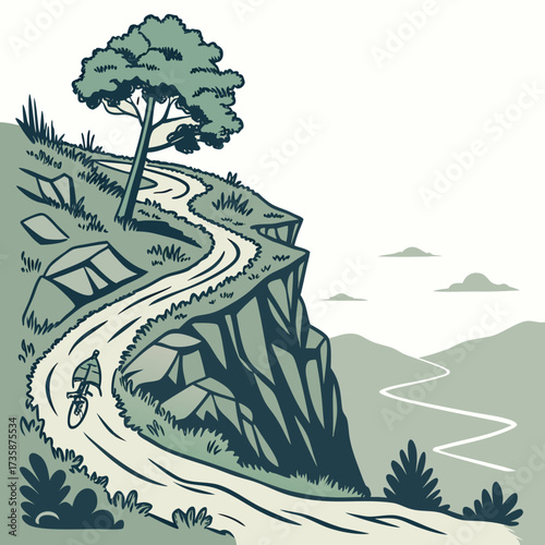 A lone cyclist navigates a winding dirt road along a steep cliff edge with a solitary tree and distant rolling hills