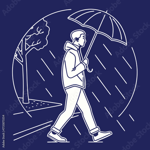 A man walks with an umbrella under the rain on a dark blue background with a tree on the side