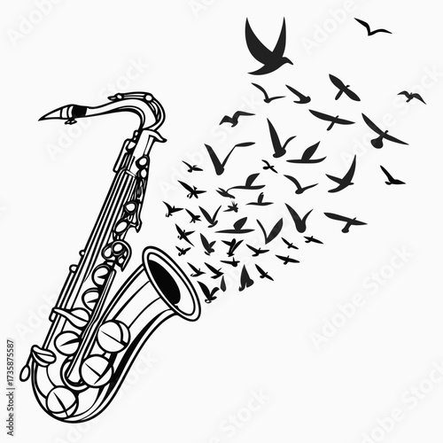 A musical saxophone transforms into a flock of soaring birds in a creative artistic representation of sound and freedom