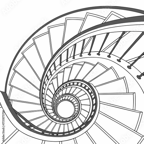 A visually striking abstract black and white illustration of a classic spiral staircase viewed from directly above