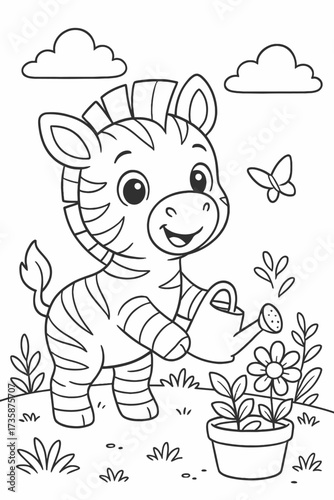 Cute zebra watering flowers in the garden whimsical line art illustration