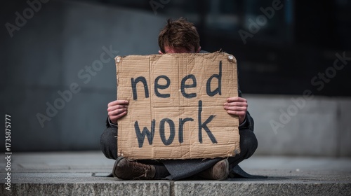 Need work. Unemployed man sitting on pavement holding a cardboard sign that reads need work, expressing the struggle of joblessness during economic crisis and high unemployment rates