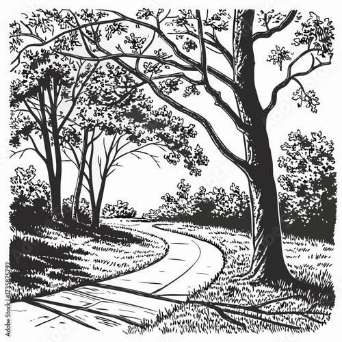 A winding paved pathway curves through a park or forest with mature trees and lush foliage in a charming black and white sketch