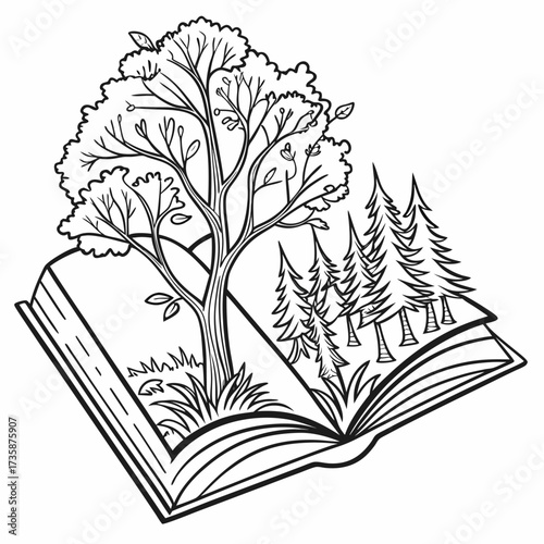 An open book transforms into a vibrant landscape with a majestic tree and a dense forest symbolizing imagination and storytelling