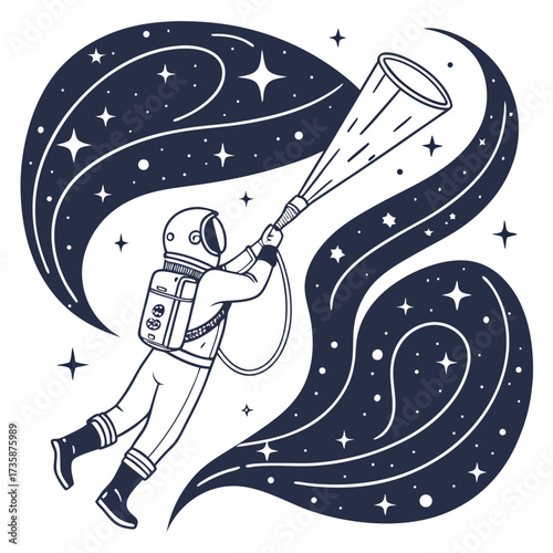 Astronaut exploring the vastness of the cosmos with a telescope discovering new stars and galaxies in outer space