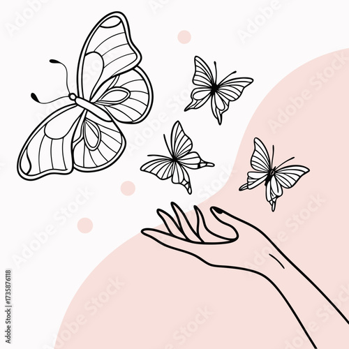 Delicate line art illustration of a hand releasing four butterflies into a soft pink and white background with abstract circles