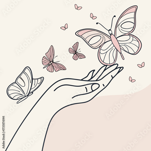 Delicate line art of a graceful hand releasing a swarm of elegant pink butterflies into a soft pastel background