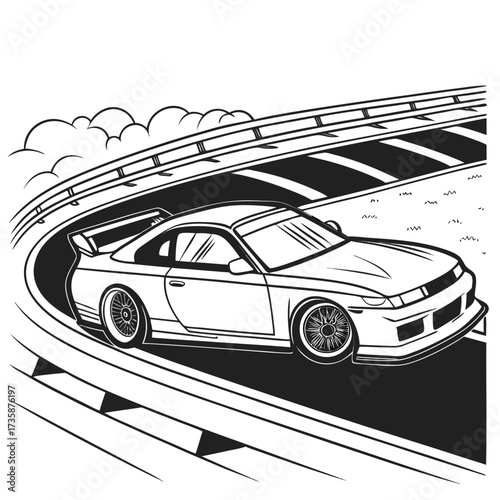 Dynamic line art illustration of a sleek sports car drifting on a winding race track under a cloudy sky