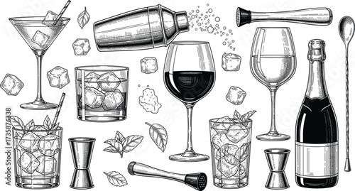 Vintage engraved illustration of cocktail glasses, liquor bottles, bar tools, ice cubes, garnishes, alcohol drinks, mixology setup, celebration scene