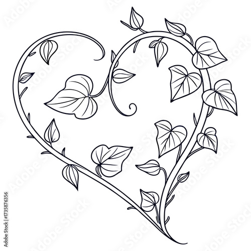 Elegant heart shaped outline design formed by a delicate vine with leaves and swirling tendrils