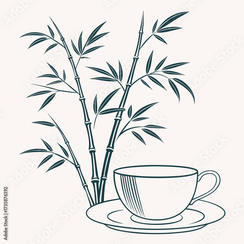 Elegant minimalist illustration of a delicate teacup and saucer resting beside a cluster of dark green bamboo stalks and leaves on a light cream background