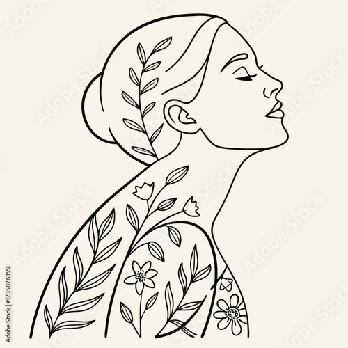 Elegant line art illustration of a woman s profile with delicate floral and leaf patterns adorning her body and hair