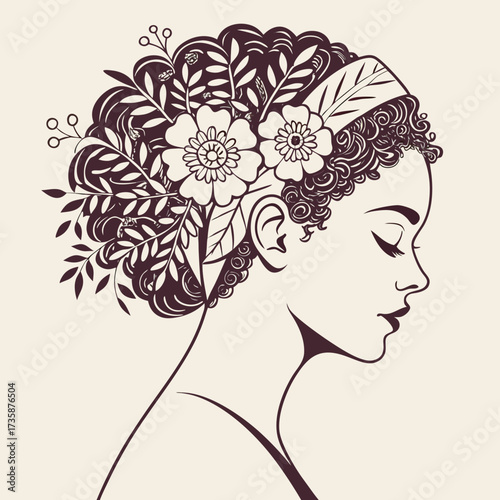 Elegant profile of a woman with curly hair adorned with flowers and leaves symbolizing natural beauty and serene contemplation