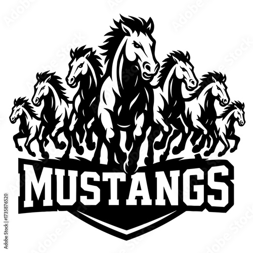 Group of rearing mustang horses in black and white vector, perfect for dynamic team logos, wild spirit branding, or equestrian-inspired apparel
