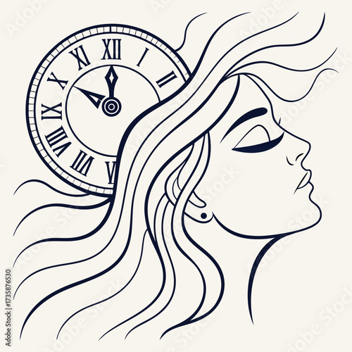 Elegant silhouette of a woman s profile with flowing hair intertwined with a vintage roman numeral clock face