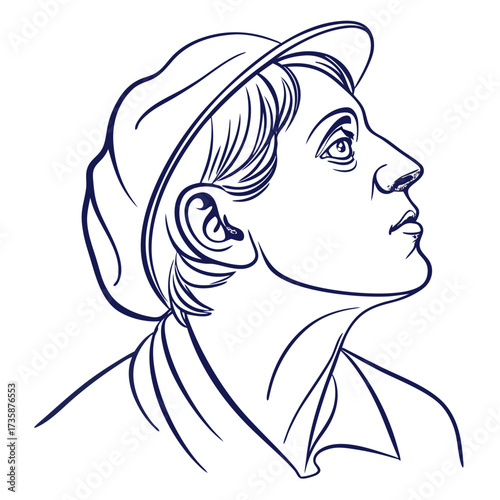 Elegant single line drawing of a young man wearing a cap looking upwards with a thoughtful expression and visible neck and collar