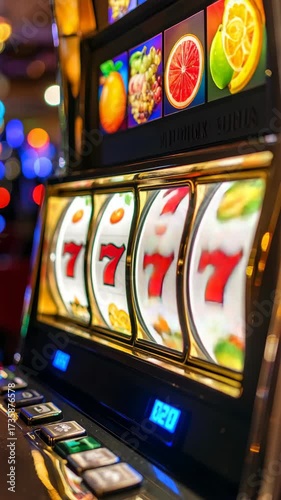 Spinning reels of a slot machine showing lucky sevens and fruit icons, with blurred motion and dynamic casino atmosphere.