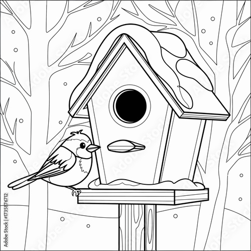Charming line art illustration of a birdhouse in a snowy winter forest scene vector graphic silhouette