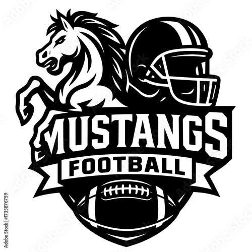 Mustangs football team logo with rearing horse and football helmet, great for school mascots, varsity branding, or competitive team graphics
