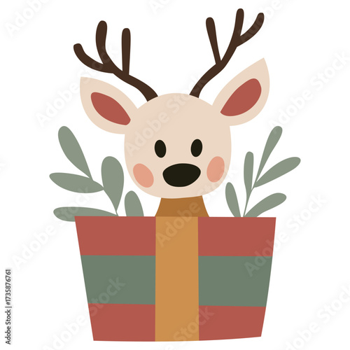 Scandinavian Naive Folk Christmas Reindeer Illustration Inside Gift Box With Winter Holiday Decor