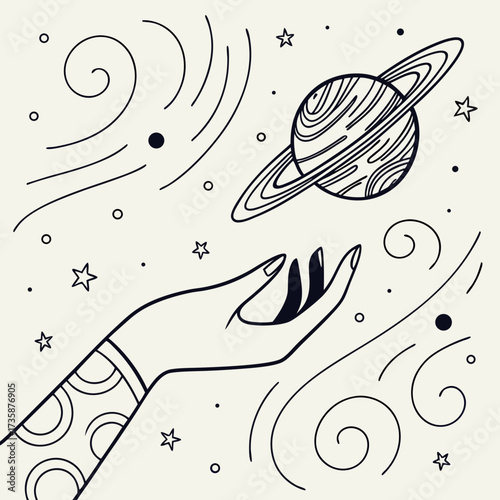 Mystical hand reaching towards a stylized saturn planet surrounded by stars and swirling cosmic elements in a minimalist line art style