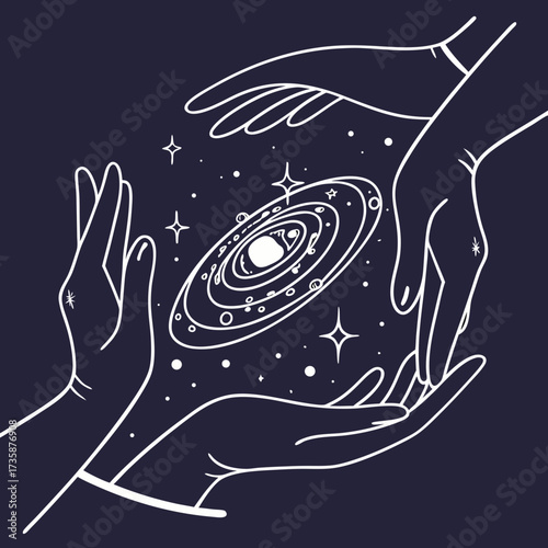 Mystical hands cradling a swirling galaxy with stars and planets against a dark cosmic background