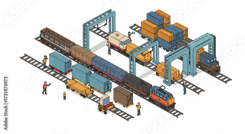 Isometric train yard with containers and workers loading cargo on railway tracks