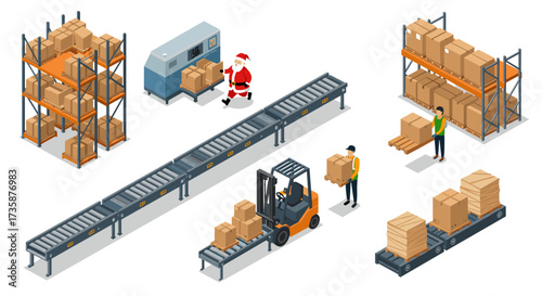 Isometric warehouse scene with conveyor belt, forklift, and santa unpacking boxes