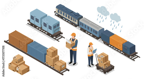 Isometric freight train and cargo logistics under rainy sky