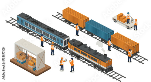 Isometric train yard with workers, freight, and cargo