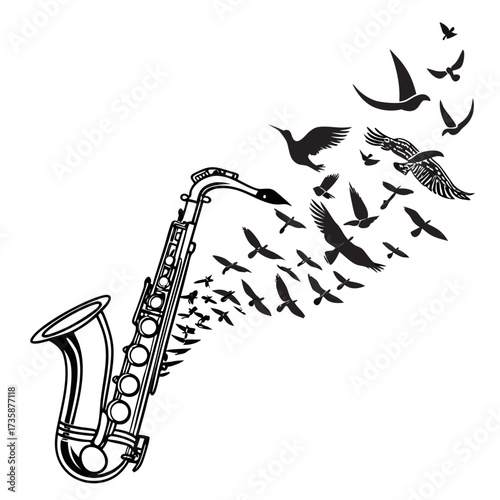 Silhouette of a saxophone with a flock of birds flying out of its bell and neck symbolizing music and freedom