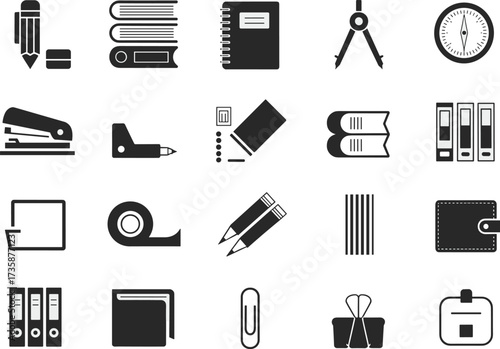 Office and school supplies icon set, black and white vector, stationery tools grid, educational elements, minimalist design, hand-drawn style