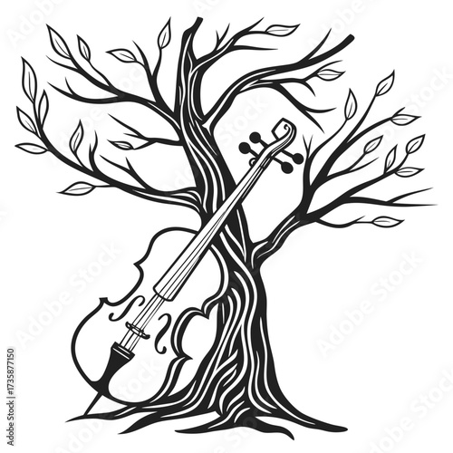 Stylized black and white illustration of a cello resting against a bare tree with delicate leaves symbolizing the harmony of nature and music
