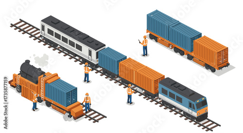 Isometric freight train scene with workers loading cargo on railway