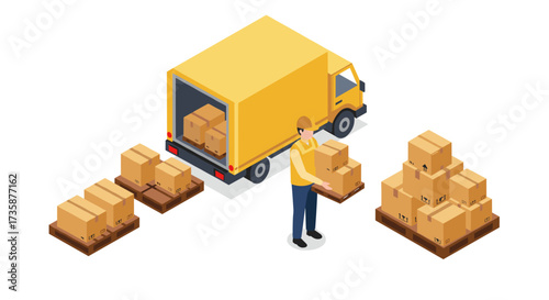 Delivery service concept with truck and worker organizing boxes in isometric style
