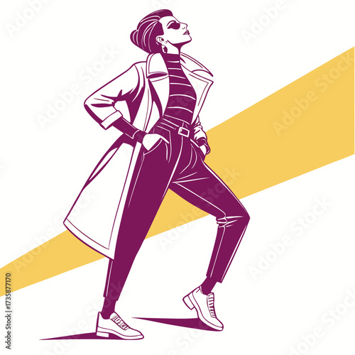 Stylish woman in a trench coat and striped turtleneck posing confidently with hands in pockets against a minimalist yellow and white background