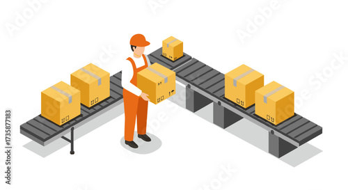 Warehouse worker managing conveyor belt system with cardboard boxes in isometric design