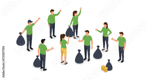 Isometric volunteer community cleanup team with trash bags and recycling efforts