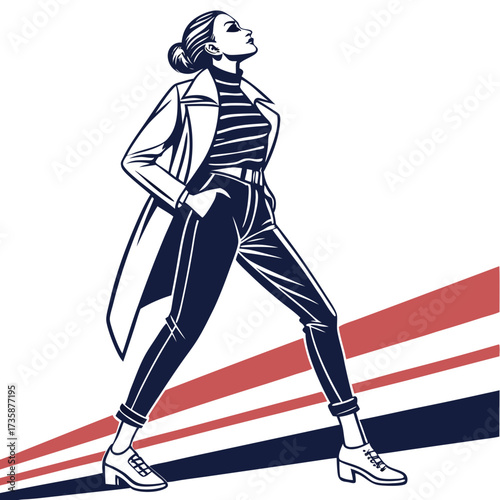 Stylish woman in fashionable trench coat and striped turtleneck walks confidently with hands in pockets against abstract background