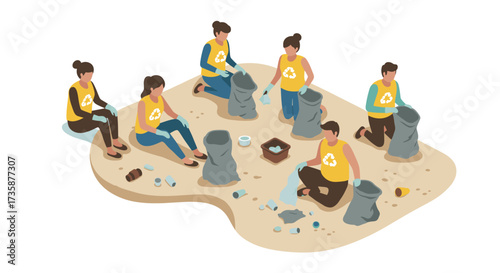 Community beach cleanup isometric design featuring volunteers collecting plastic waste for environmental conservation